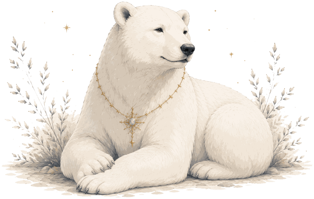 A resting white bear wearing a golden star pendant