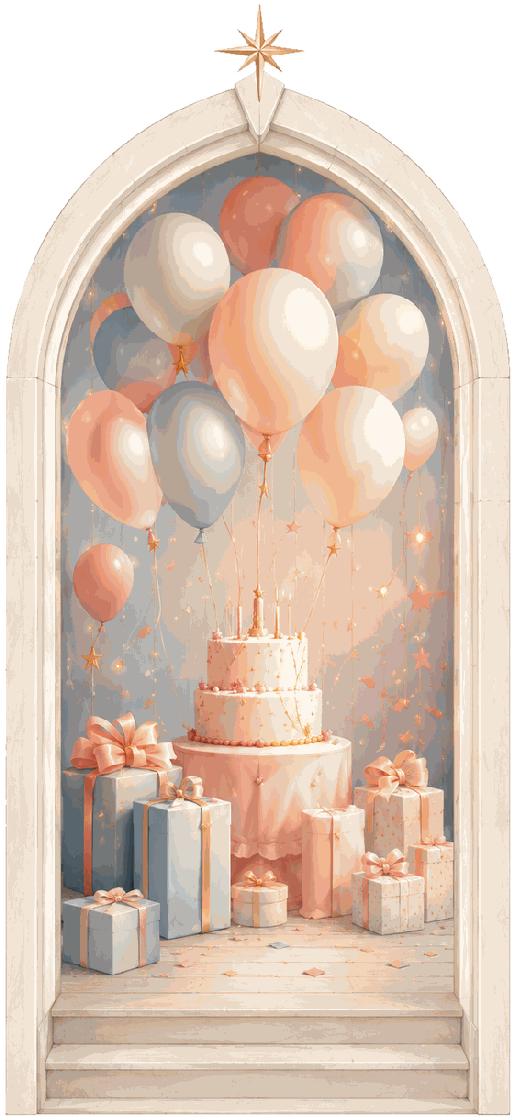 Birthday invitation design: peach balloons, a two-tier cake with candles and wrapped gifts