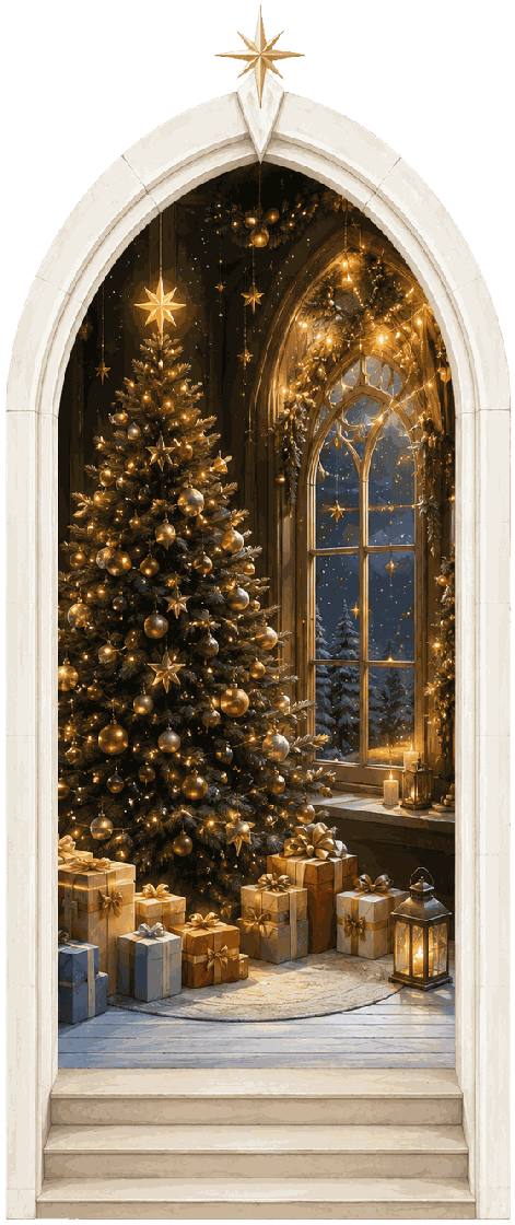 Christmas invitation design: a gold-trimmed tree, wrapped gifts and a snowy arched window