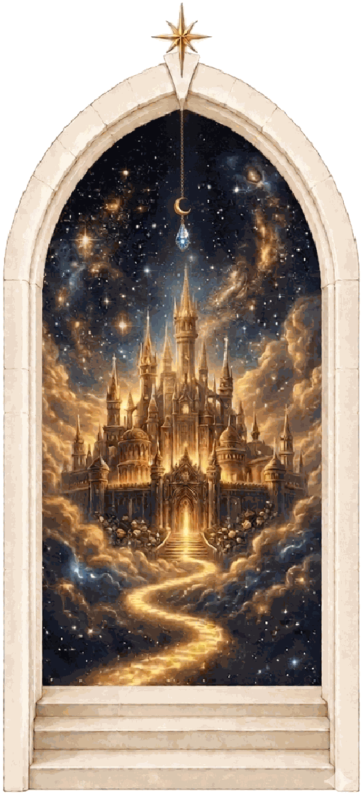Fairy tale invitation design: a golden castle above the clouds and a glowing path under a starlit sky