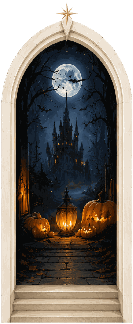 Halloween invitation design: a full moon over a dark castle with jack-o'-lanterns along the path