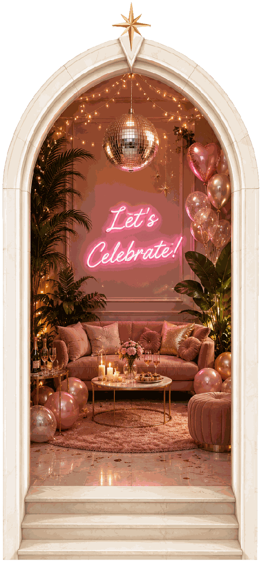 Home party invitation design: a pink lounge with a disco ball, a neon sign and balloons