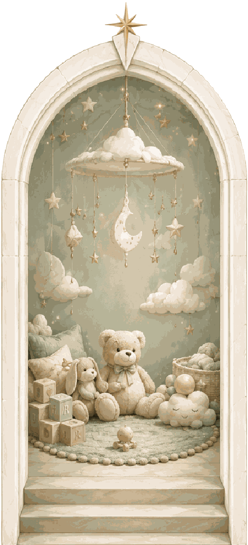 Children's party invitation design: a teddy bear, a bunny and a cloud mobile with stars and a moon