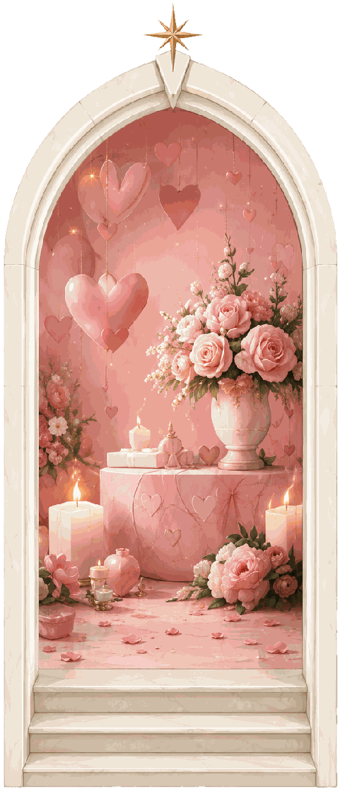 Valentine's invitation design: pink hearts, roses and candlelight