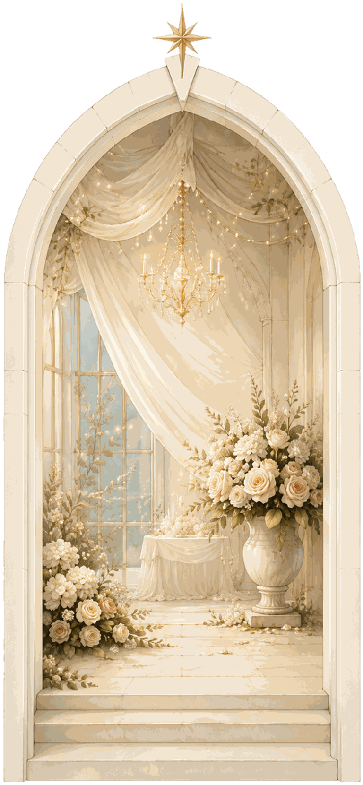 Digital wedding invitation design: an ivory arch with draped silk, a crystal chandelier and white roses